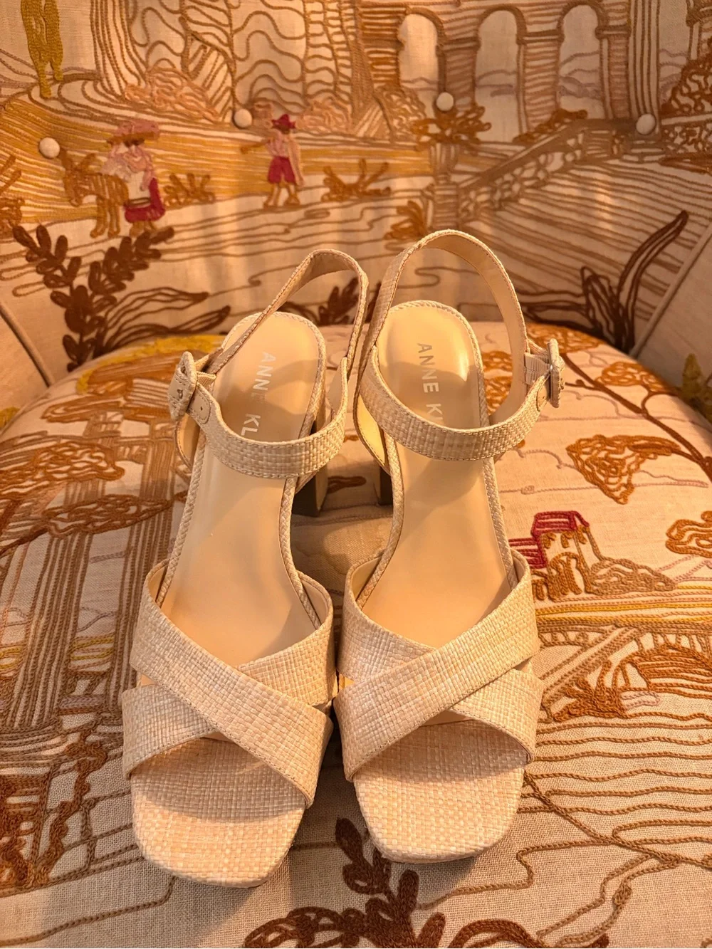 Anne Klein cream Woven Block Heel Sandals